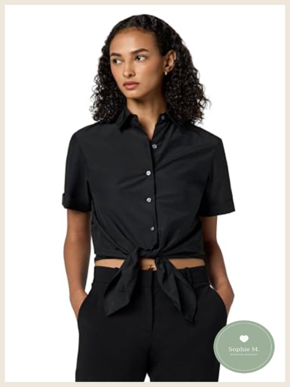 Boxy Short Sleeve Button Down Shirt with Rolled Cuff & Tie Front Nylon Blend